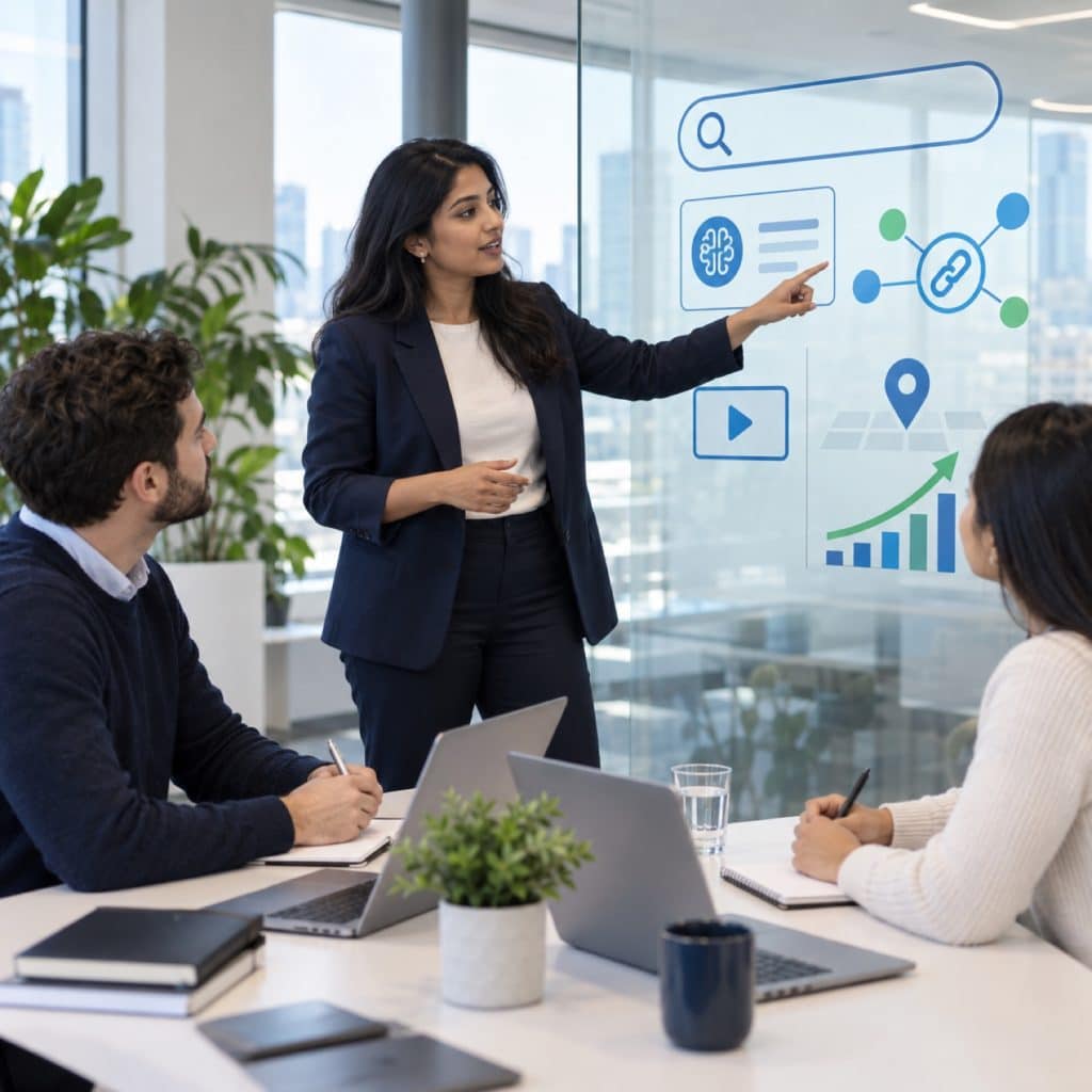 SEO-Expertin pr&auml;sentiert SEO-Trends 2026 auf einem Bildschirm