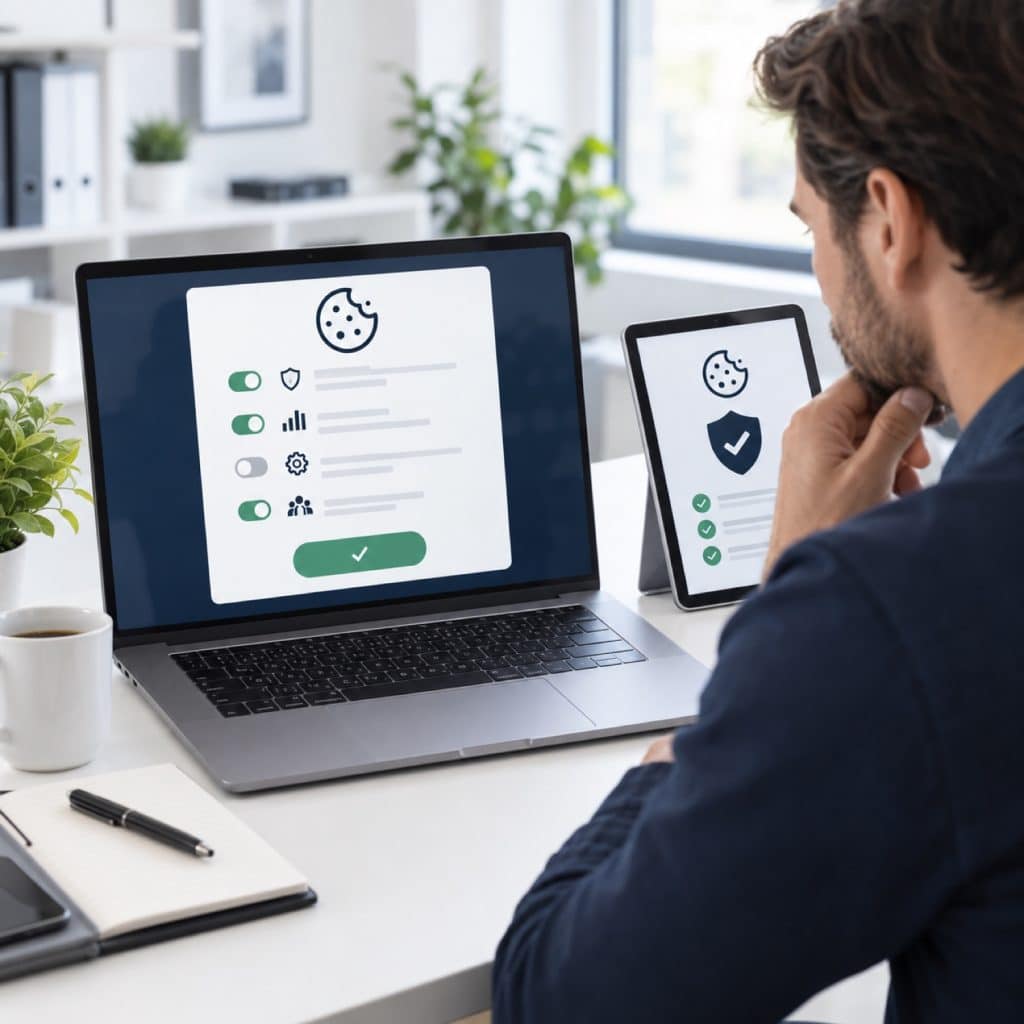 Mann pr&uuml;ft Cookie-Einstellungen einer Website auf Laptop und Smartphone