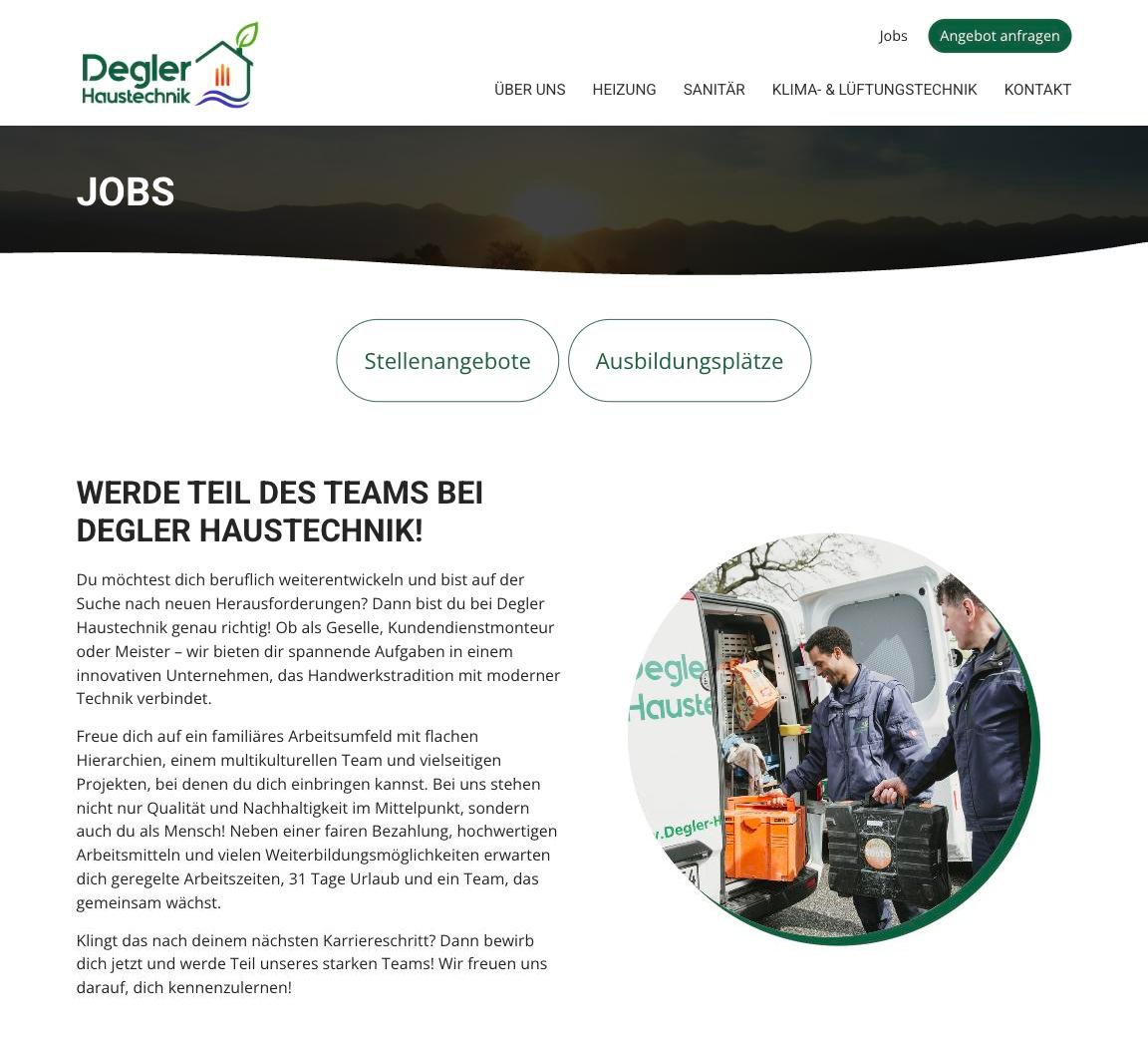 Jobs & Karriere – Website Degler Haustechnik (ganze Seite)