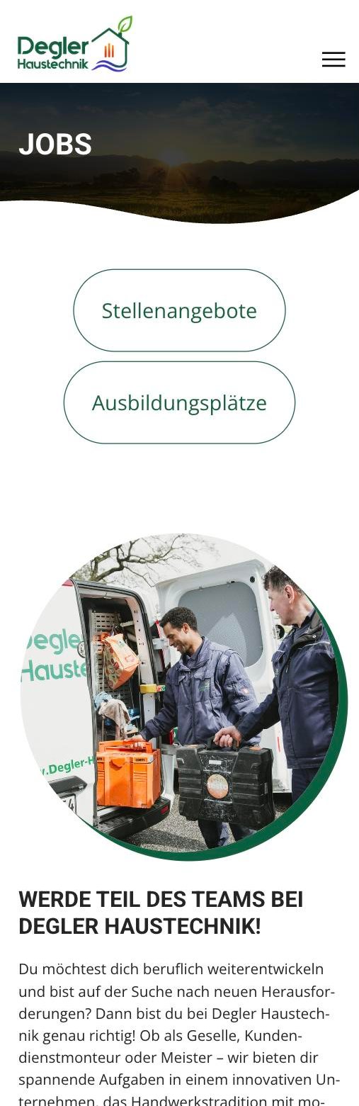 Jobs & Karriere – mobile Ansicht der Website von Degler Haustechnik
