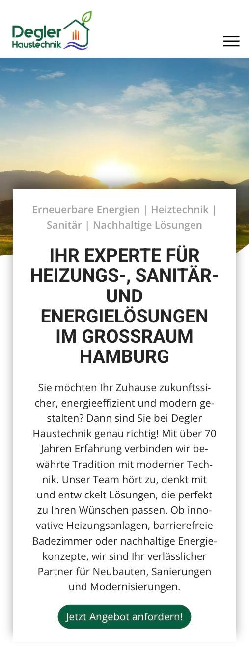 Startseite der neuen Website von Degler Haustechnik auf dem Smartphone