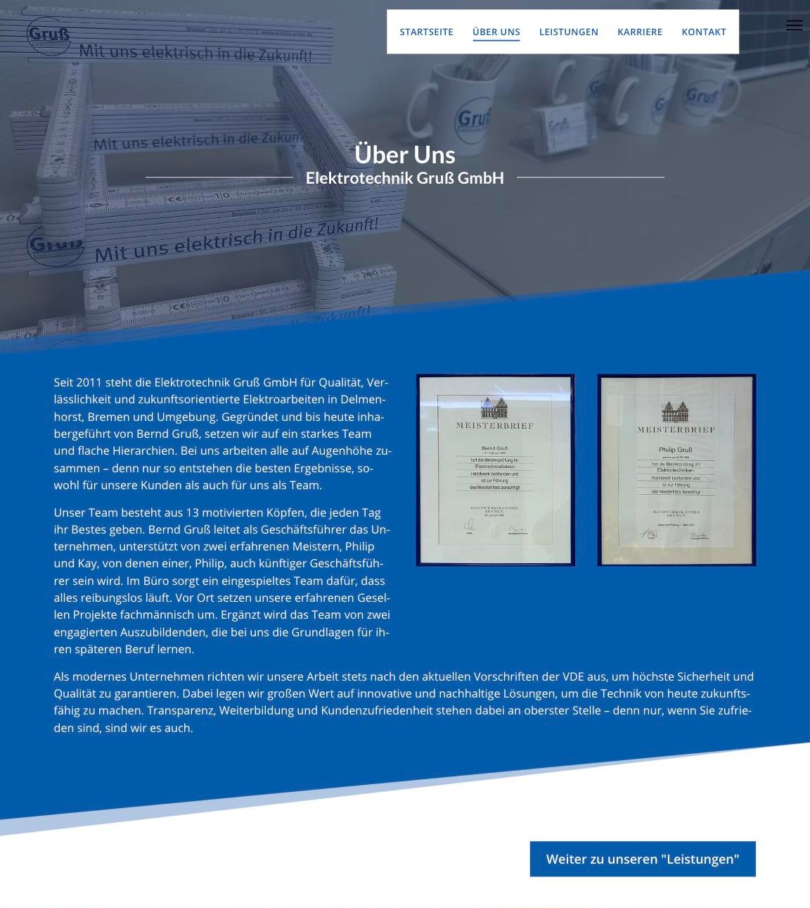 Über uns – Website Elektrotechnik Gruß (ganze Seite)