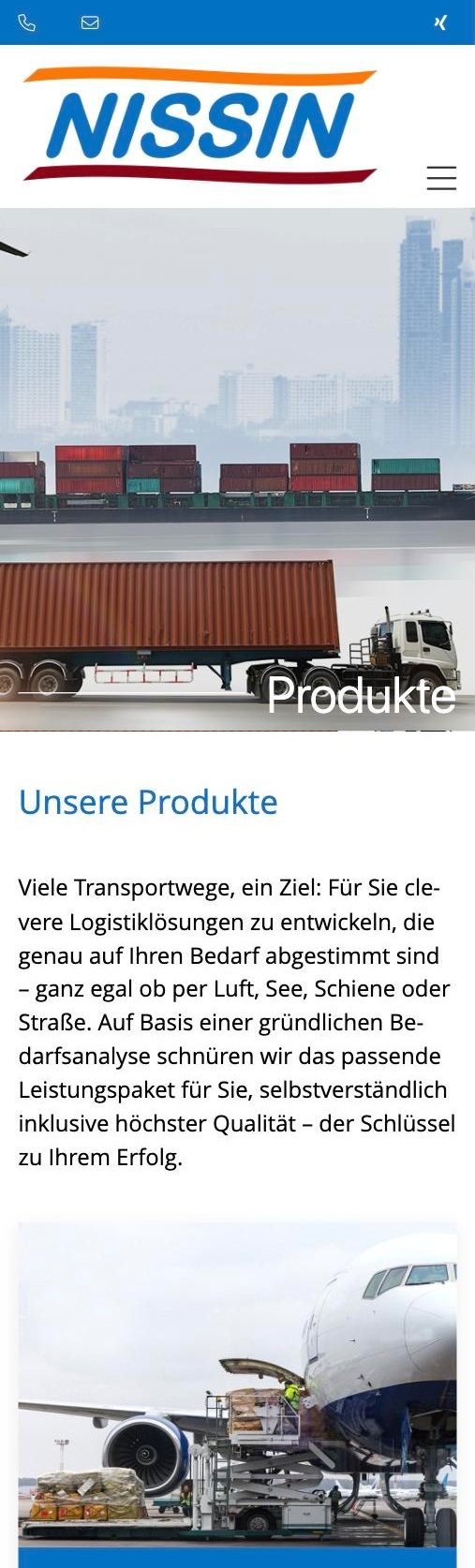 Produkte – mobile Ansicht der Website von NISSIN Transport