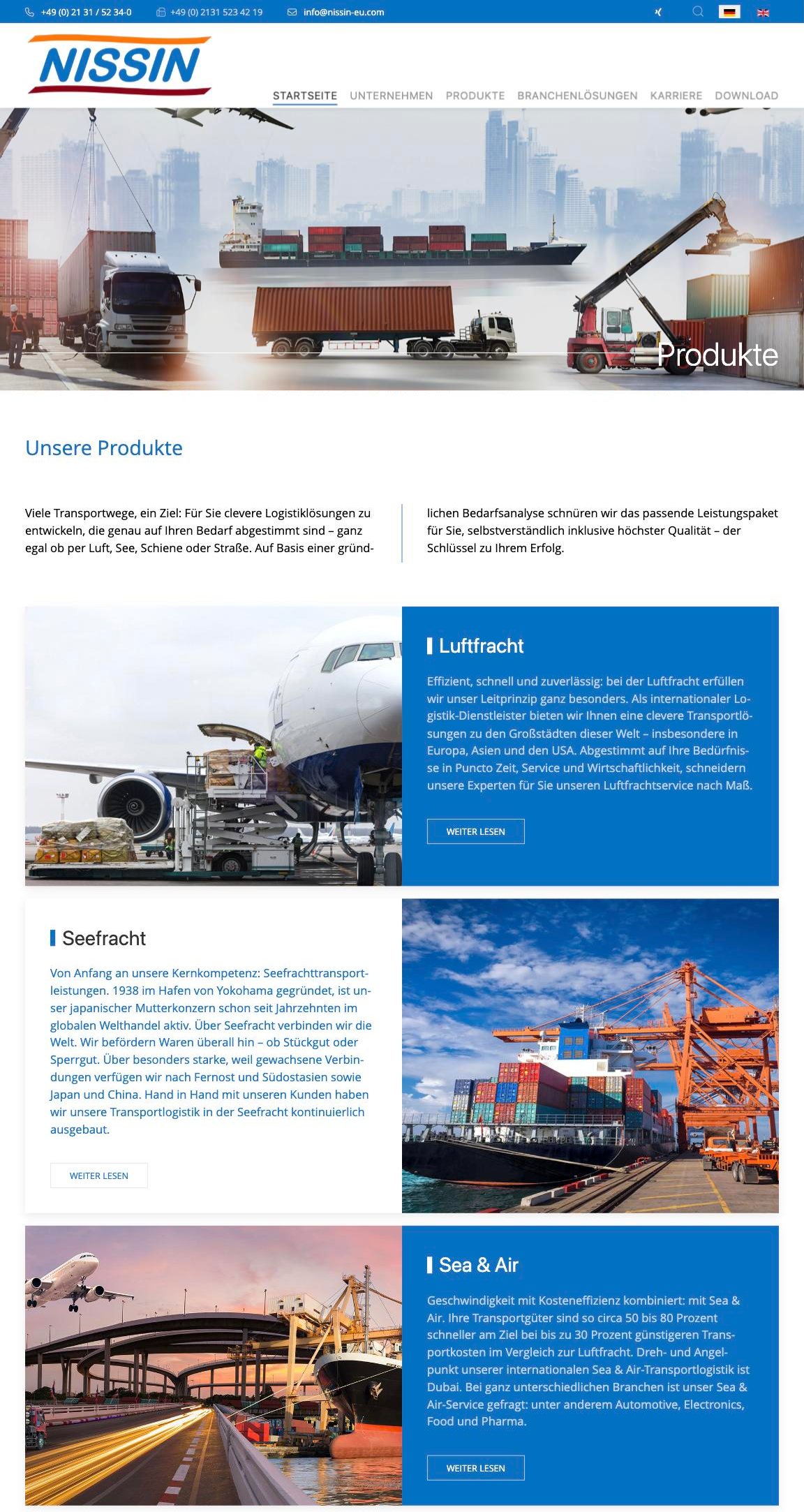 Produkte – Website NISSIN Transport (ganze Seite)