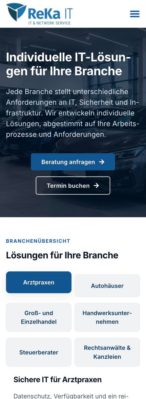 Branchenlösungen – mobile Ansicht der Website von ReKa IT